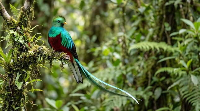 Resplendent quetzal perched on branch in lush rainforest habitat