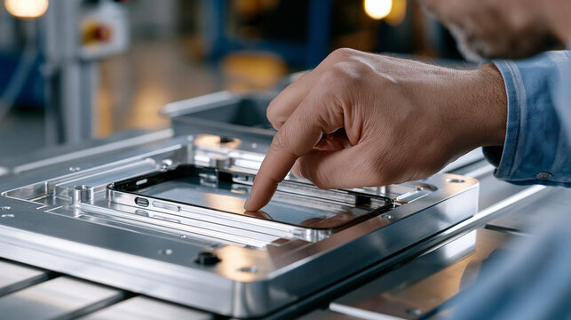 Carbon fiber phone case mold inside a precision fabrication workshop, mold lines visible under raking industrial light, technician's finger checking seam alignment, consumer electronics manufacturin