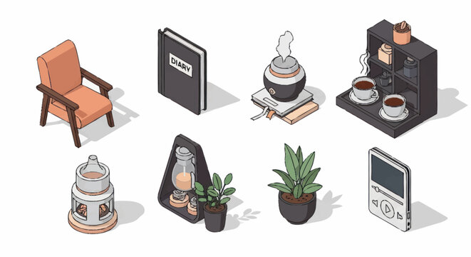 Collection of isometric objects for home decor and lifestyle.
