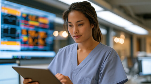 Charge nurse annotating AI sepsis flagging system on tablet while standing at central ICU nursing station, patient rooms visible through observation windows behind her, fluorescent overhead panels i