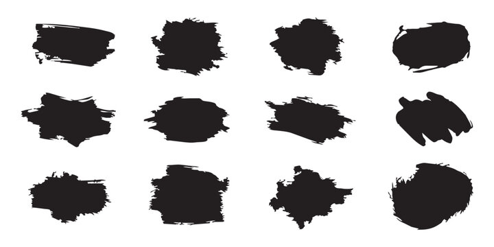 Organic black paint blobs set. Distressed dry brush splotches and messy ink splash swatches for rustic background.