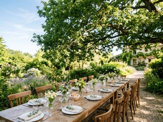 Fototapeta premium Decorated wooden table set for outdoor garden party dinner. Summer banquet celebration in blooming park with flowers and cutlery. Event catering and rustic lifestyle dining concept.