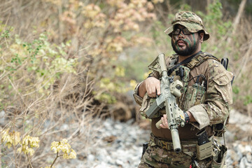 Naklejka premium Military special forces soldier team in combat operation, tactical military portrait in action