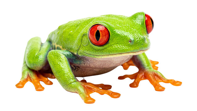Red-eyed tree frog with green skin and orange feet isolated on transparent background macro portrait for tropical rainforest education wildlife conservation biology research nature design