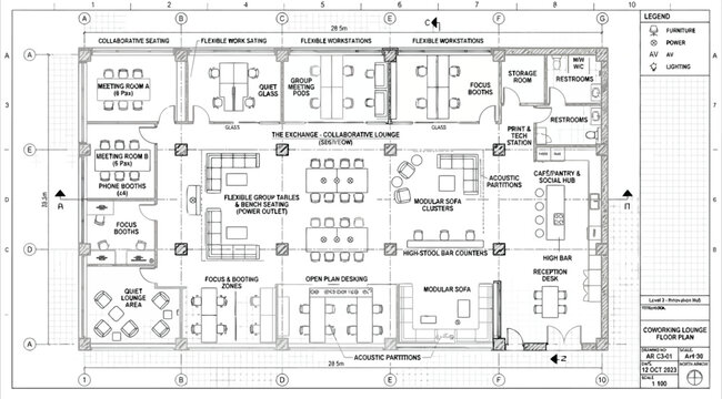 Detailed office floor plan design featuring flexible work zones, meeting rooms, and collaborative areas