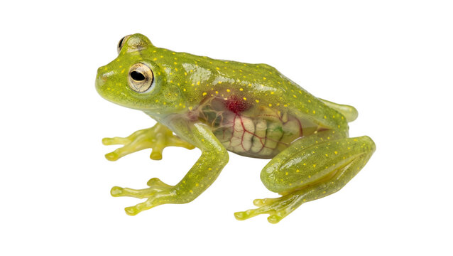 Transparent glass frog side view showing internal organs against checkerboard background isolated for wildlife studies biology education natural science visual aids transparent skin macro