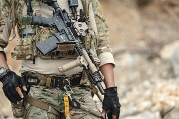 Naklejka premium Military special forces soldier team in combat operation, tactical military portrait in action