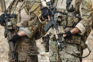 Naklejka premium Military special forces soldier team in combat operation, tactical military portrait in action