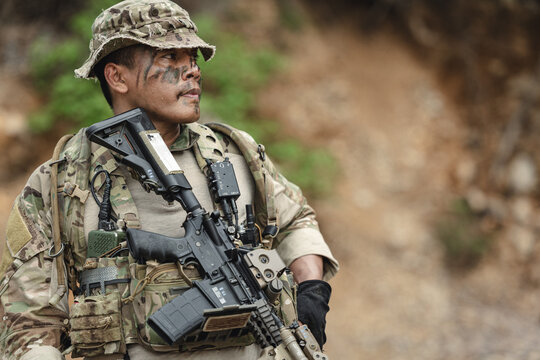 Military special forces soldier team in combat operation, tactical military portrait in action