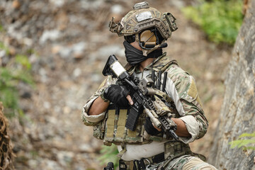 Naklejka premium Military special forces soldier team in combat operation, tactical military portrait in action