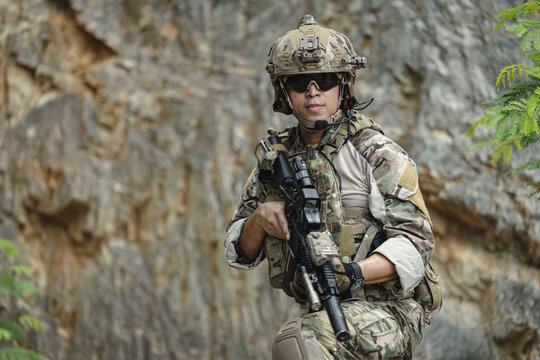 Military special forces soldier team in combat operation, tactical military portrait in action