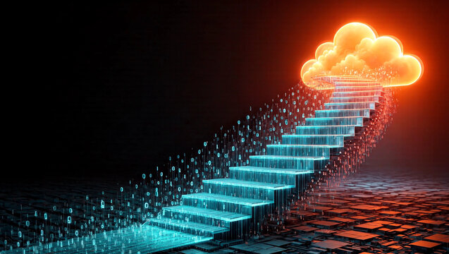 Conceptual digital binary stairs leading up to a glowing cloud, representing cloud computing and data migration.