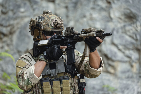 Military special forces soldier team in combat operation, tactical military portrait in action