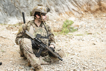 Fototapeta premium Military special forces soldier team in combat operation, tactical military portrait in action