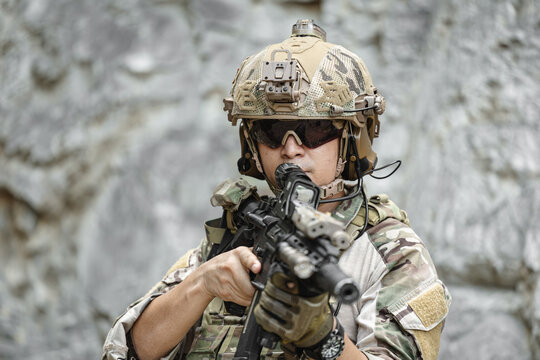Military special forces soldier team in combat operation, tactical military portrait in action