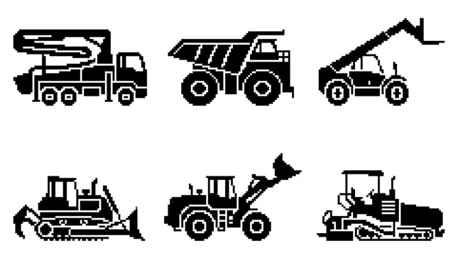 Heavy Construction Equipment Vehicles Icons.pixel art
