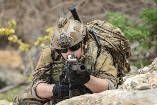 US Army military, Special forces soldier engaged in combat operation, tactical military in action