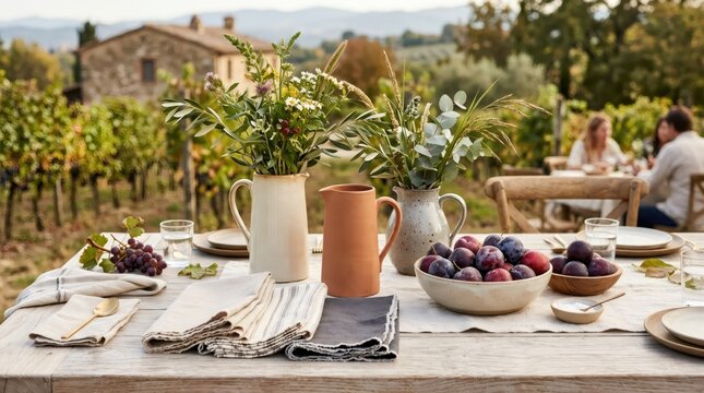 Rural dining table set with fresh plum, wildflower bouquet and clay pitcher in vineyard. Rustic outdoor brunch in countryside. Summer harvest celebration and leisure lifestyle concept.