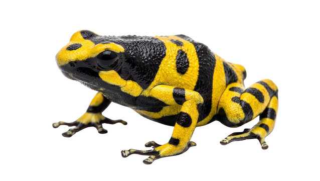 Black and yellow striped poison dart frog isolated on transparent background studio shot of dendrobates leucomelas species known as yellow banded poison dart frog native to venezuela