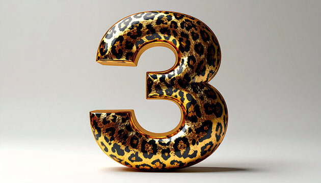 Shiny 3D Number Three with Gold and Leopard Print Pattern on White Background