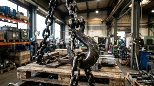 Industrial Crane Hook with Chain in Workshop
