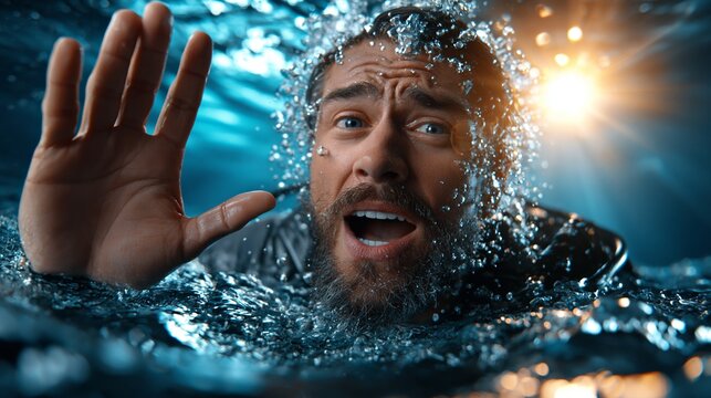 A terrified man struggles underwater, reaching out for help as bubbles surround his desperate face, serving as a dramatic background for safety campaigns.