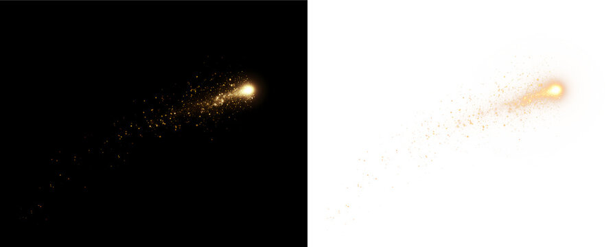 Magical golden light trail with glittering fairy dust and sparkling particles. Fantasy glow effect isolated on transparent background.