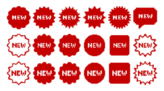 Pixel Art Red New Sticker Tag Set with 8-Bit Retro Game Style Starburst Labels Vector