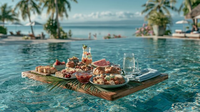 A floating tray bearing a sumptuous breakfast in the turquoise waters of the pool provides an enticing backdrop for advertising luxury resorts and holiday packages.