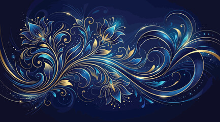 Elegant floral ornament with intricate blue and gold swirls on a dark blue background © S.Siam