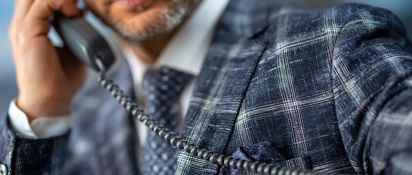 A professional man in a plaid suit speaks on a landline phone against a blurred background, symbolizing corporate communication.
