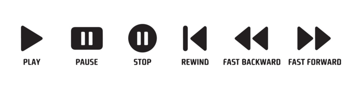 Set of media playback icons with labels play pause stop rewind fast backward and fast forward button.