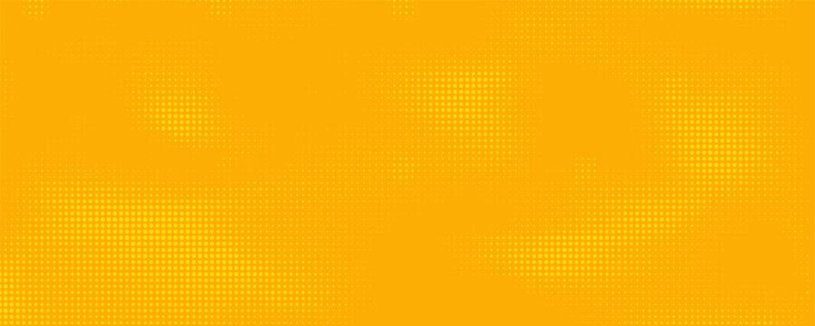 Yellow halftone pattern. Retro comic gradient background. Bright orange pixelated dotted texture overlay. Cartoon pop art faded gradient pattern. Vector Illustration