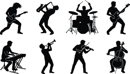 Musician silhouettes vector set featuring live band performers playing electric guitar, saxophone, drums, bass, keyboard, trumpet, violin, and cello © Saminur