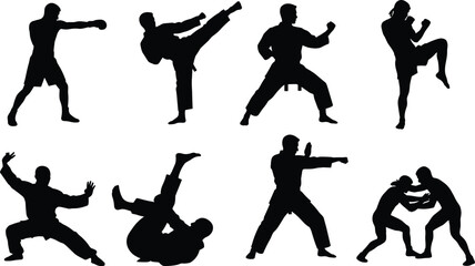 Martial arts silhouettes collection featuring combat sports athletes practicing boxing karate taekwondo muay thai judo and wrestling © Saminur