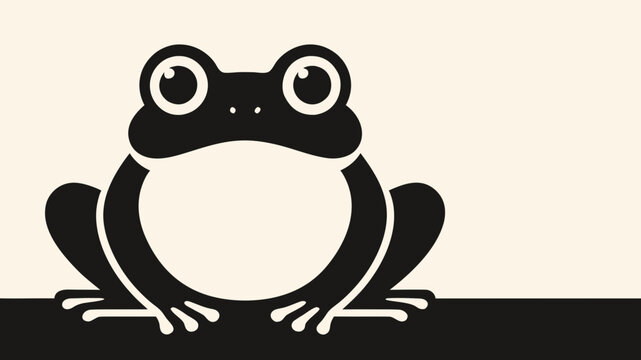 A minimalist black and white vector illustration of a cute frog sitting and looking forward against a light cream background.