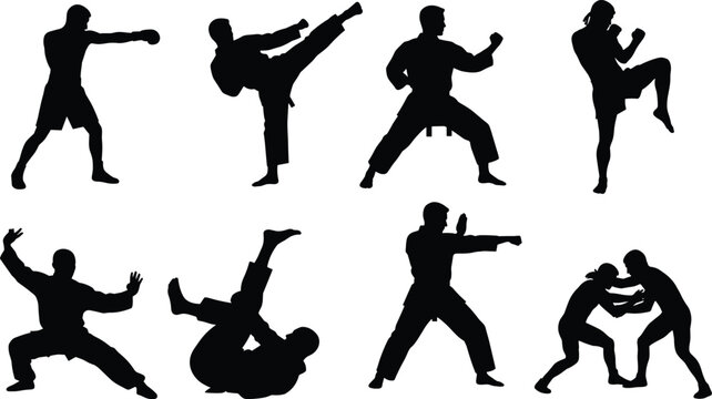 Martial arts silhouettes collection featuring combat sports athletes practicing boxing karate taekwondo muay thai judo and wrestling