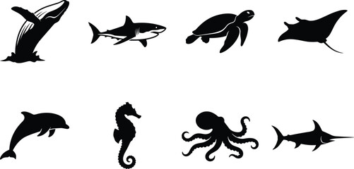 Marine wildlife black silhouettes set featuring humpback whale shark sea turtle manta ray dolphin seahorse octopus and swordfish © Saminur