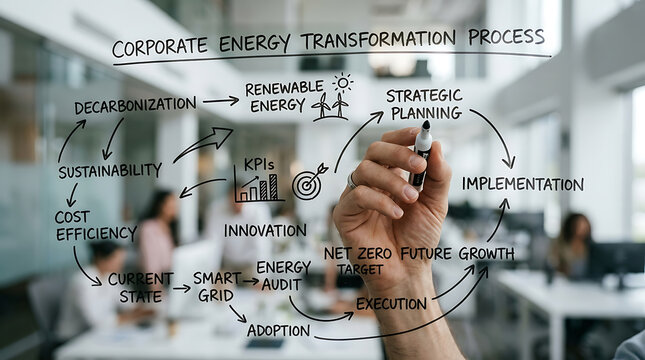 A hand draws a comprehensive corporate energy transformation process diagram on a glass board in an office setting, outlining steps from decarbonization to net-zero growth.
