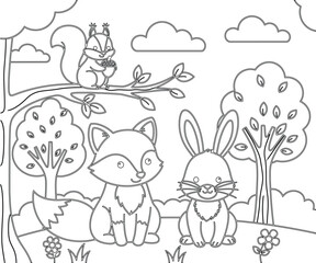 Obraz premium Color page illustration of forest friends fox rabbit and squirrel