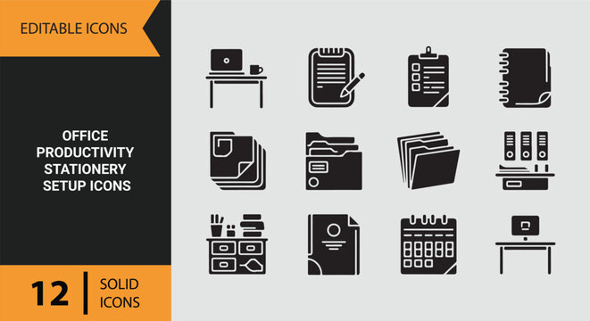 Office Stationery Collection for Organized Workplace Productivity Icons