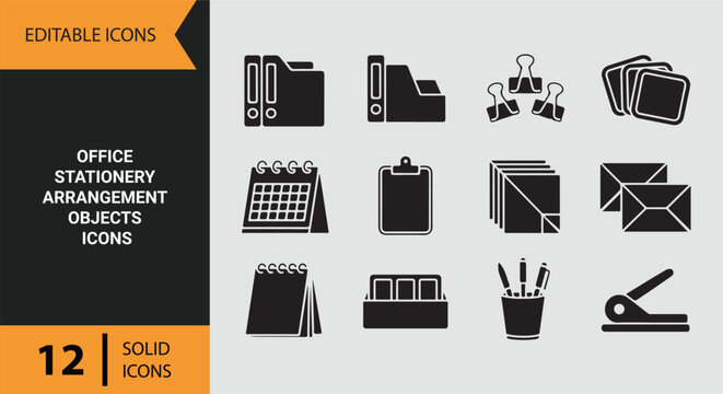 Office Stationery Arrangement and Workplace Organization Essentials Icons