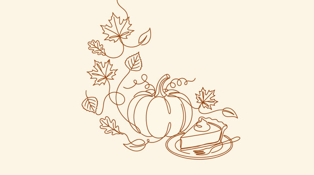 A simple line drawing of a pumpkin and a slice of pie with autumn leaves