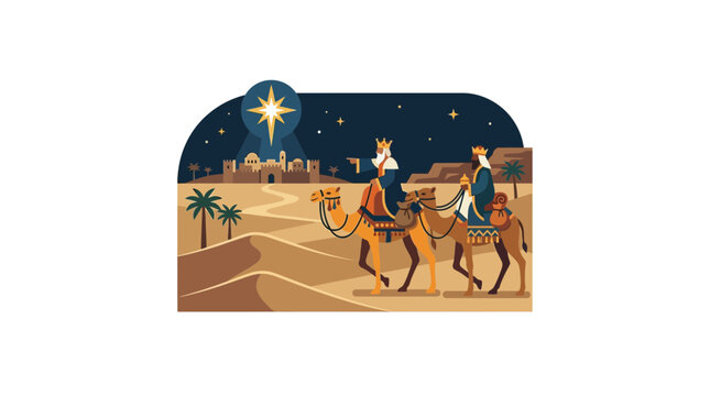 Three Wise Men on Camels Following Star to Bethlehem City
