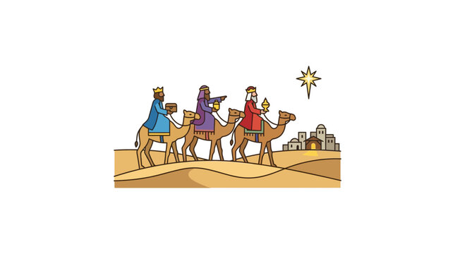 Three Wise Men on Camels Following Star to Bethlehem