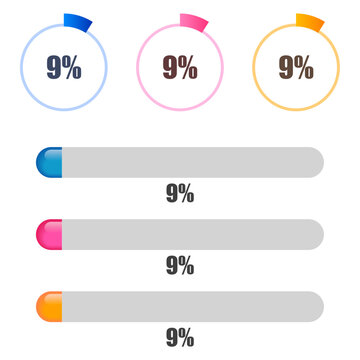 9％の円グラフとプログレスバーセット カラフルな進捗表示UIデザイン素材 9 Percent Circle Graph and Progress Bar Set Colorful UI Indicator Design
