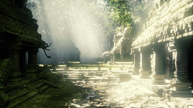 Sunlit ancient stone temple courtyard with moss covered pillars, dappled sunbeams piercing jungle canopy, scattered carved reliefs and shallow reflective pools