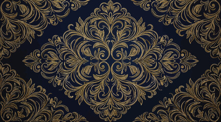 Seamless damask pattern with ornate golden floral elements on a dark navy blue background © Saharia