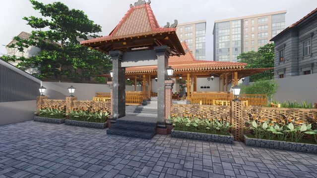 Exterior of a Central Javanese Joglo house. 3D rendering