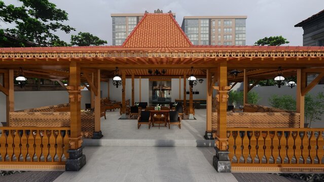 Exterior of a Central Javanese Joglo house. 3D rendering
